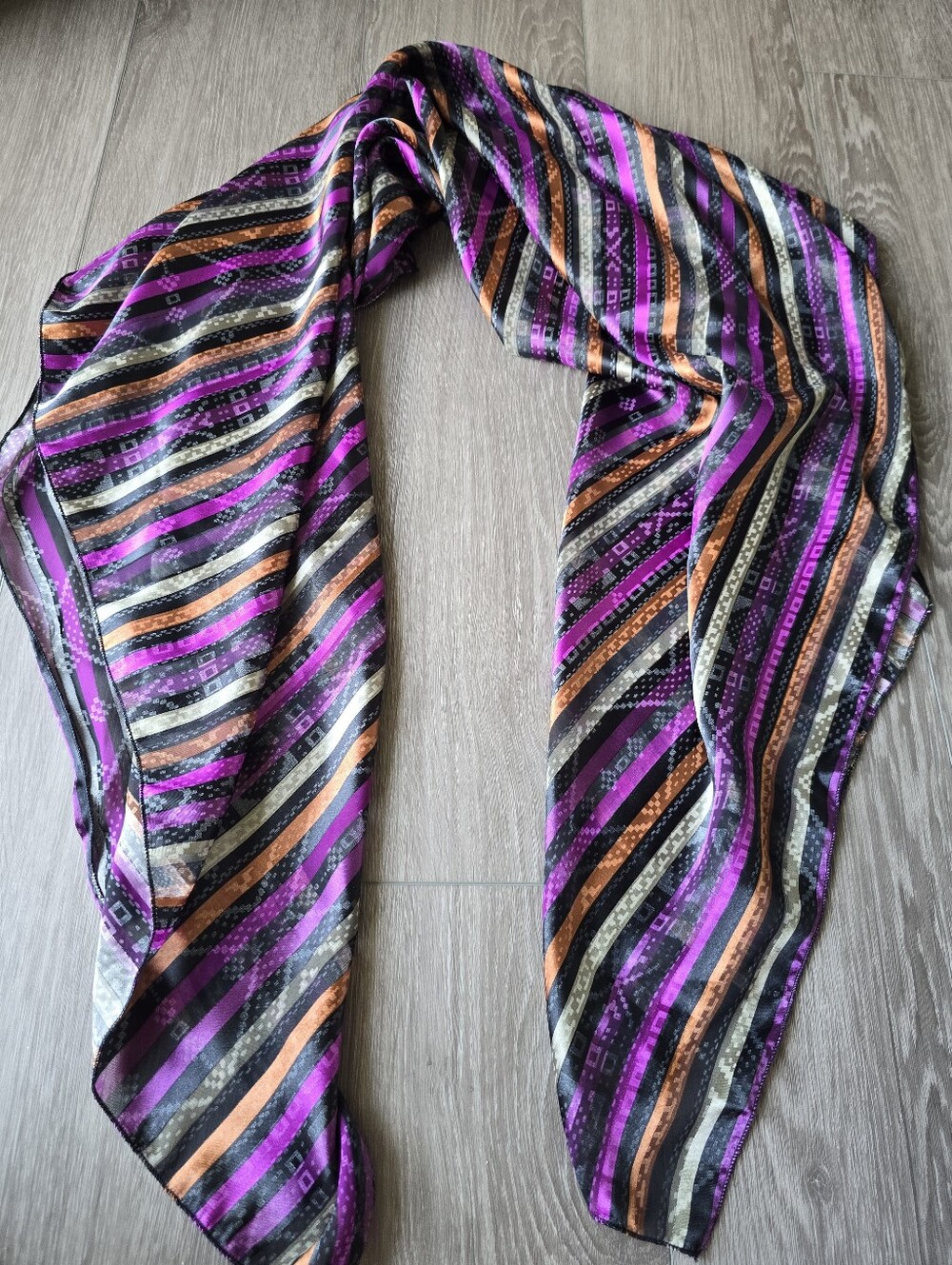 Purple Magenta Copper Striped Satin Scarf Large Square 44 Geometric Shawl Wrap
